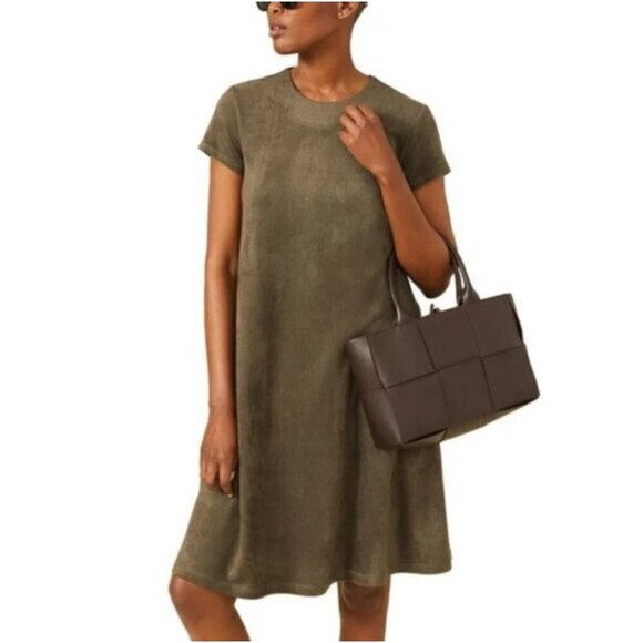 J. McLaughlin Dresses & Skirts - J McLaughlin Swing Dress Cap Sleeve Olive Green Faux Suede Size M Pockets